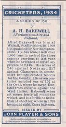 1989 Imperial Tobacco Ltd. 1934 Player's Cricketers (Reprint) #3 Alfred Bakewell Back