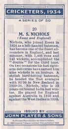1989 Imperial Tobacco Ltd. 1934 Player's Cricketers (Reprint) #20 Stan Nichols Back