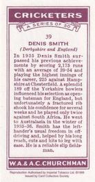 1999 Card Collector's Society 1936 Churchman's Cricketers (reprint) #39 Denis Smith Back