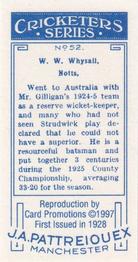 1997 Card Promotions 1926 J.A.Pattreiouex Cricketers (reprint)) #52 William Whysall Back