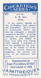 1997 Card Promotions 1926 J.A.Pattreiouex Cricketers (reprint)) #61 Arthur Carr Back
