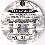 1995 Crown & Andrews Cricket Test Series & Sheffield Shield POG Pack Milk Caps - Gold Foil Parallel #C85 Carl Rackemann Back