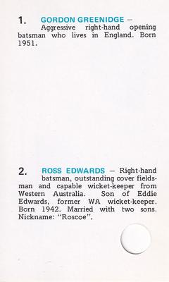 1977 World Series Cricket Souvenir Cassette Cards #49 Gordon Greenidge / Ross Edwards Back