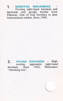 1977 World Series Cricket Souvenir Cassette Cards #50 Mushtaq Mohammad / Vivian Richards Back