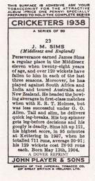 1980 Dover/Constable Publications Classic Cricket Cards (Reprint) #23 Jim Sims Back