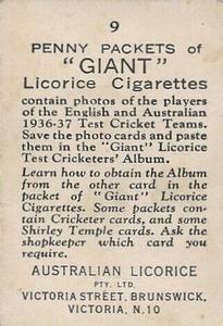 1936-37 Australian Licorice English & Australian Cricketers #9 Tom Worthington Back