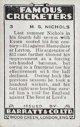 1930-31 Barratt Famous Cricketers #3 Maurice Nichols Back