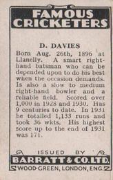 1932 Barratt & Co Famous Cricketers #NNO David Davies Back