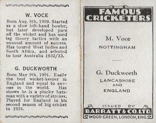 1932-33 Barratt & Co Famous Cricketers Folders #NNO Bill Voce / George Duckworth Back