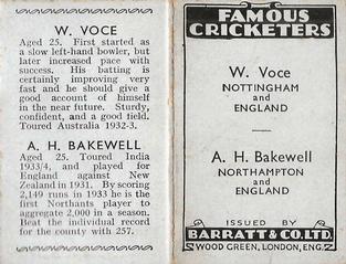 1934 Barratt & Co Famous Cricketers Folders #NNO Bill Voce / Alfred Bakewell Back