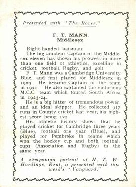 1924 D.C.Thomson Cricketers (Rover) #NNO Frank Mann Back