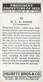 1938 Hignett Tobacco Prominent Cricketers #20 Reg Perks Back