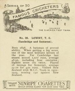 1925 R & J Hill Sunrise Famous Cricketers Including the S.Africa Test Team (Large) #36 Thomas Lowry Back