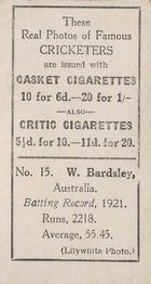 1922 J.A. Pattreiouex Cricketers #C15 Warren Bardsley Back