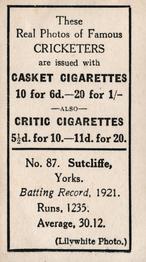 1922 J.A. Pattreiouex Cricketers #C87 Herbert Sutcliffe Back