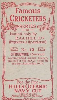 1912 R & J Hill Cigarettes Famous Cricketers (Blue Front) #12 Herbert Strudwick Back