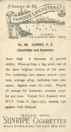 1925 R & J Hill Sunrise Famous Cricketers Including the S.Africa Test Team (Standard) #36 Thomas Lowry Back