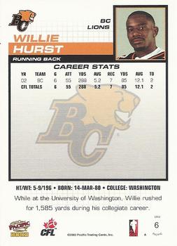 2003 Pacific  CFL #6 Willie Hurst Back