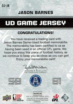 2014 Upper Deck CFL - UD Game Jersey #GJ-JB Jason Barnes Back