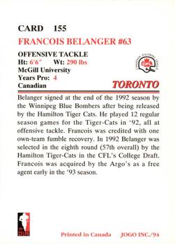 1994 JOGO #155 Francois Belanger Back