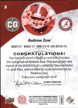 2014 Upper Deck Conference Greats - Autographs #3 Andrew Zow Back