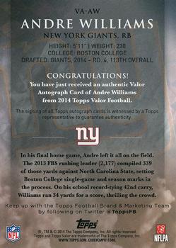 2014 Topps Valor - Autographs Discipline #VA-AW Andre Williams Back