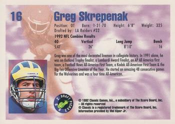 1992 Classic Draft Picks #16 Greg Skrepenak  Back