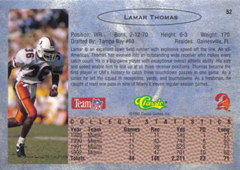 1993 Classic #52 Lamar Thomas  Back