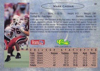 1993 Classic #61 Mark Caesar  Back