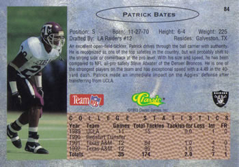 1993 Classic #84 Patrick Bates  Back