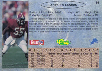 1993 Classic #90 Antonio London  Back