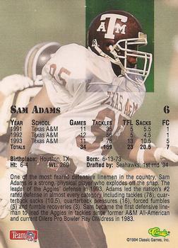 1994 Classic NFL Draft #6 Sam Adams  Back