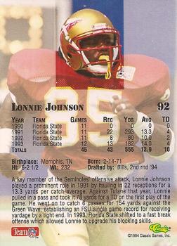 1994 Classic NFL Draft #92 Lonnie Johnson  Back