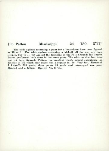 1956 Jay Publishing New York Giants #NNO Jimmy Patton Back