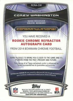 2014 Bowman Chrome - Rookie Autographs Bubble Refractors #RCRA-CW Corey Washington Back