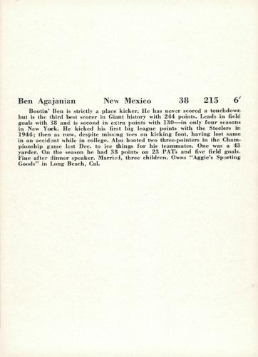 1957 Jay Publishing New York Giants #NNO Ben Agajanian Back
