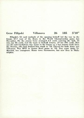 1957 Jay Publishing New York Giants #NNO Gene Filipski Back
