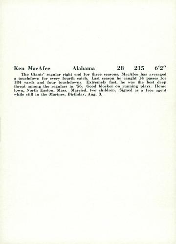 1957 Jay Publishing New York Giants #NNO Ken MacAfee Back