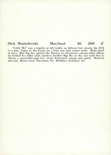 1957 Jay Publishing New York Giants #NNO Dick Modzelewski Back