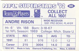 1992 Diamond NFL Superstars Stickers #88 Andre Rison Back