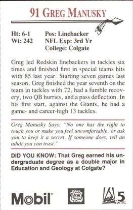 1990 Washington Redskins Police #NNO Greg Manusky Back