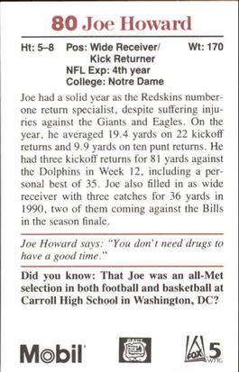 1991 Washington Redskins Police #6 Joe Howard Back