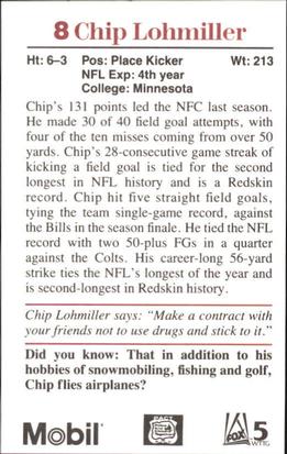 1991 Washington Redskins Police #9 Chip Lohmiller Back