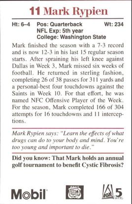 1991 Washington Redskins Police #12 Mark Rypien Back