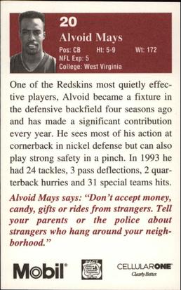 1994 Washington Redskins Police #11 Alvoid Mays Back