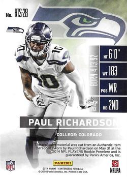 2014 Panini Contenders - Rookie Ticket Swatches #RTS-28 Paul Richardson Back