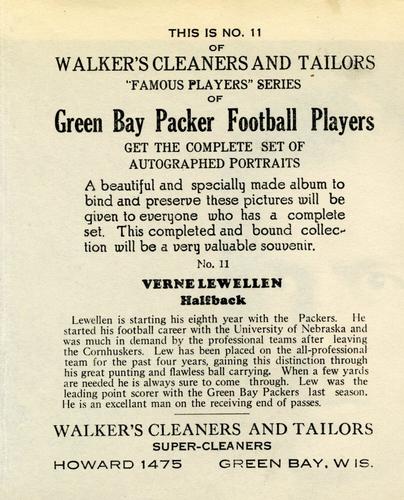 1932 Walker's Cleaners Green Bay Packers #11 Verne Lewellen Back