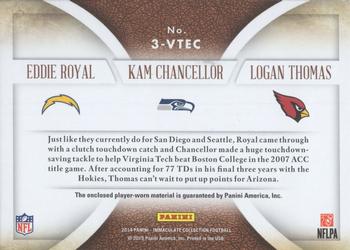 2014 Panini Immaculate Collection - Trios Jerseys #3-VTEC Eddie Royal / Kam Chancellor / Logan Thomas Back