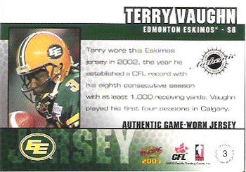 2003 Pacific  CFL - Game Worn Jerseys #3 Terry Vaughn Back