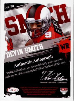 2015 SAGE HIT - Artistry Autographs #AA-20 Devin Smith Back